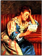 Mrs. Duffee Seated on a Striped Sofa, Reading Obraz zs17616